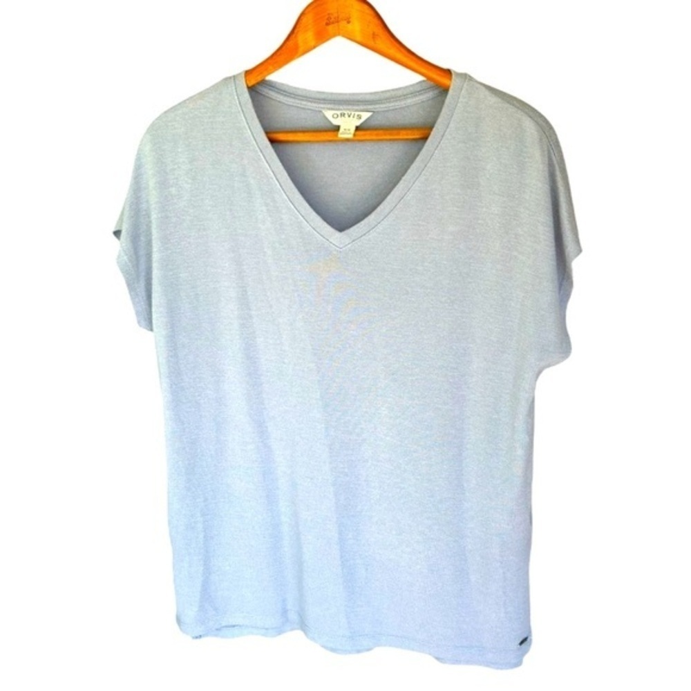 Orvis Light Blue Short Sleeve Knit Top Size Medium V Neck Relaxed Fit